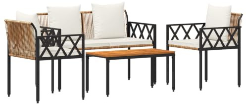 Qnhdfrt 4-teiliges Gartenmöbel-Set aus Poly-Rattan in Braun und Creme-Weiß, Lounge-Set mit Akazienholz-Tisch, Bank, 2 Stühlen und Sitzkissen für Terrasse, Balkon und Garten