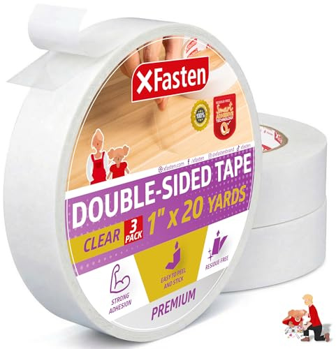 XFasten Doppelseitiges Klebeband klar, entfernbar, 1 Zoll auf 20 Yards (25,4 mm x 18,28 m), 3er-Pack ideal als Geschenkverpackungsband, zum Halten von Teppichen und für die Holzbearbeitung