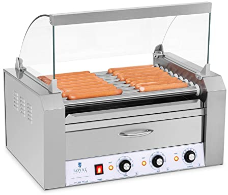 Royal Catering Grill Saucisses Machine à Hot-dogs RCHG-9WO (nombre de saucisses max. 16, 1850W, 2 zones chauffantes distinctes, tiroir chauffant pour les petits pains, inox)