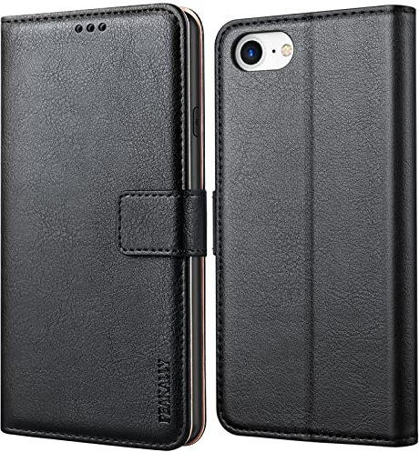 Peakally Funda para iPhone 2022 SE/SE 2020/6/6s/7/8, Piel Libro Carcasa para iPhone 6/6S/7/8/SE 2020/SE 2022 Tapa Funda [Soporte Móvil] [Ranuras para Tarjetas] PU Case Suave-Negro
