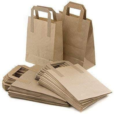 50 Brown Paper Carrier Bags | Small 7 x 8.5 x 3 | Flat Reinforced Tape Handles SOS | Sustainable Biodgradable Recyclable Kraft Paper