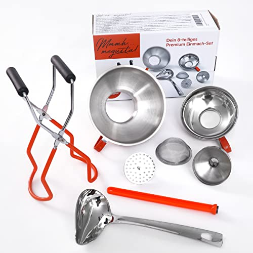 megusta!® Einmachset 8-teilig | 2 Trichter Edelstahl + Reduzierstück | Glasheber | Schöpflöffel | Deckelmagnet | feines + grobes Sieb | + Einmach-Etiketten