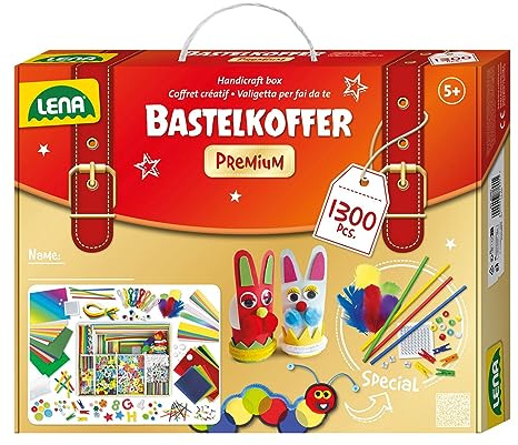 Lena 42663 Premium XXL Bastelkoffer mit 1300 Teile, Material zum Basteln, mit Moosgummi, Buntpapier, Perlen, Blumen, Pompon, Bänder, Knöpfe, Kulleraugen und vielem mehr, für Kinder ab 5 Jahre, Mittel
