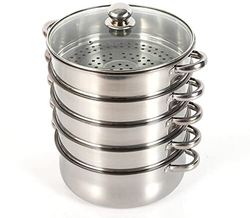 DiLiBee Edelstahl Dampfgarer Dampfkocher mit Glasdeckel, 5 Etagen 40cm, Spülmaschinenfest, Kochgeschirr Topf Induktion für Knödel Induktionsherd