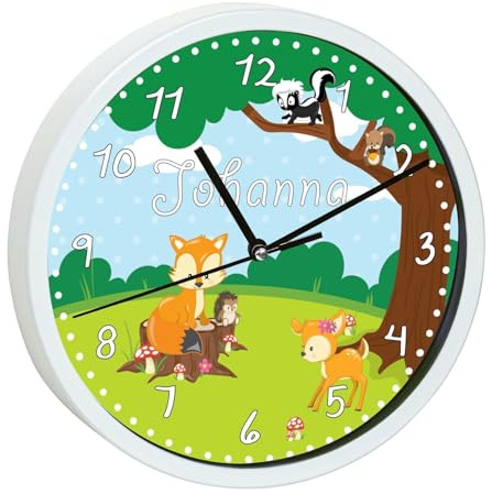 CreaDesign, Wanduhr Kinder personalisiert mit Name, Motiv Waldtiere, Rahmen Wanduhr weiß, Ø 19,5 cm