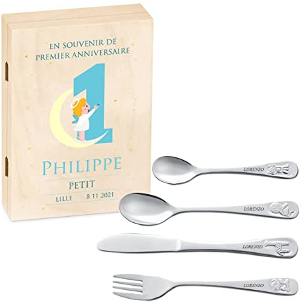 Maverton Set de Couverts De Table Bebe 1 An personnalisé - Coutellerie dans coffret imprimé - Couvert Enfant Inox Thème Animal - Cadeau Enfant 1 an anniversaire - Cadeaux bébé - Couverts gravés - Ciel