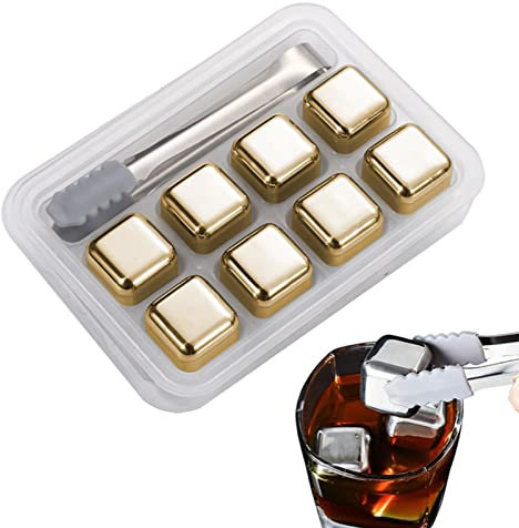 8 Stück Whisky Steine Edelstahl Set,Whisky Eiswürfel Wiederverwendbar,inkl. silikonbeschichtete Zange und Aufbewahrungsbox,Edelstahl Eiswürfel & Kühlsteine als Zubehör für Whisky,Gin und Rum (Gold)