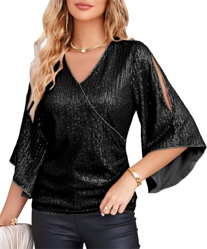 Damen Casual Bluse Langarm Loose Fit Rundhals Elegant Tops Pailletten Glitzer Party Oberteil Schwarz Pailletten XL 2151