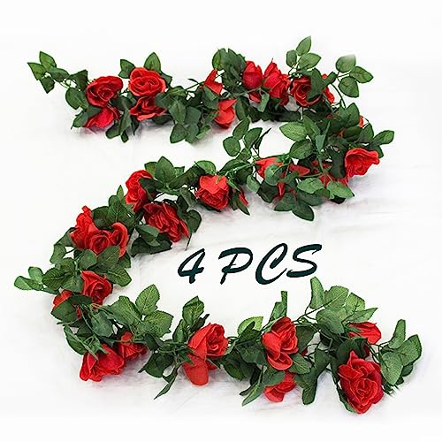 MUYG 4 Pack Artificial Rose Vine Garland Fake Roses Flowers Plants Vines Hanging Floral Leaves Decoration for Wedding Party Table Garden Arch Wall Home Room Decor(Red)