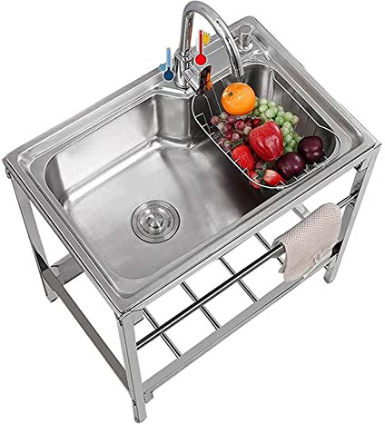 Stainless Steel Utility Sink Commercial Kitchen Sink 1 Compartment Free Standing Catering Sink Unit with Cold and Hot Tap for Outdoor Laundry Room Bar Restaurant