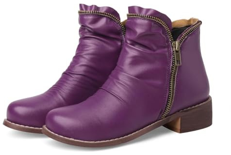 CRETUAO Bottines à Talons Bas et épais pour Femmes Bottines d'hiver Confortables à Bout Rond avec Fermeture éclair latérale Chaussures habillées décontractées en Cuir Vintage,Violet,41 EU