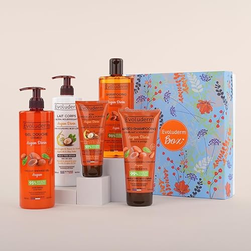 EVOLUDERM – Coffret Cadeau Corps & Cheveux Argan – 5 produits – Origine Naturelle - Végan – Made in France - Idée Cadeau - Idéal cadeau Noël, Anniversaire, Fête des Mères (Spring)
