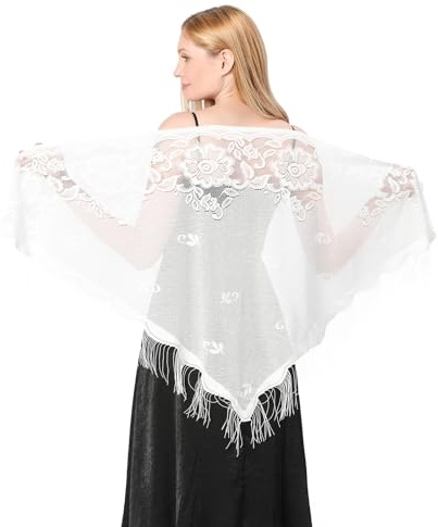 simarro Women Lace Wraps Shawls Soft Mesh Fringe WrapsTriangle Scarf Shawl for Wedding Evening Party Dresses(White)
