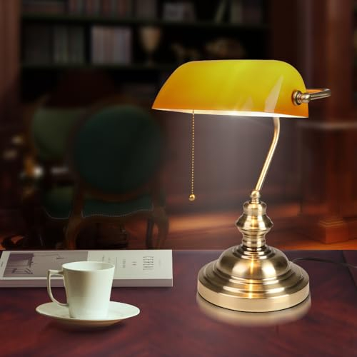FIRVRE Lámpara de Escritorio de Banqueros de Vidrio Ámbar Tradicional Europeo Clásico Acabado Bronce Base E27 Vintage Lámpara de Mesa