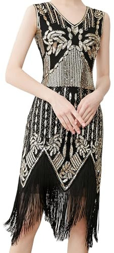MUNAFIE Charleston Kleid 20er Jahre Pailettenkleider Glitzerkleid Fransenkleid für Damen 1920er Gatsby Flapper Party Kleider Kostüm Damen Schwarz/Gold-S