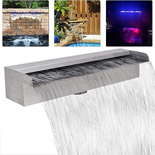 TEmkin 60 cm großer Wasserüberlauf, Gartenwasserfall, Edelstahl-Wasserfall-Poolbrunnen mit LED-Streifenlicht für Garten- und Outdoor-Brunnendekoration