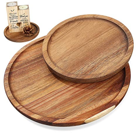 CIYODO 2stücke Holztablett Rund Dekoratives Tablett Aus Holz Runde Holz Tablett Für Dekoration Serviertablett Kreis Mit Erhöhten Kanten