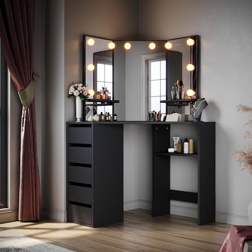 ELEGANT Corner Dressing Table with Mirror and Adjustable LED Lights