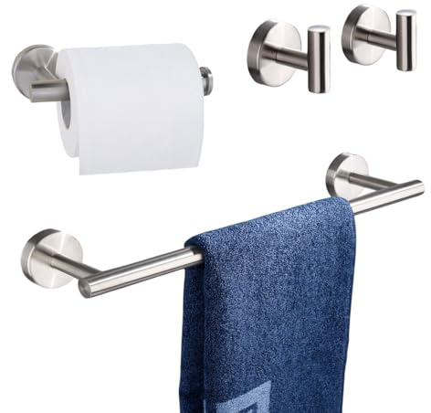 Betadistor 110403 - Juego de 4 soportes para rollo de papel higiénico de 16 pulgadas + toallero de acero inoxidable + 2 ganchos para abrigos, accesorios de baño modernos pulidos, color plateado