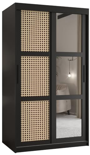 ABIKSMEBLE PLECIONKA WIEDEŃSKA 2 Armoire à Deux Portes Coulissantes avec Miroir, Barres et Étagères - Armoire de Rangement pour Salon - Motif de la Tresse - 200x100x62 cm - Noir, Noir, Noir