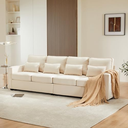 Sofá moderno de 4 plazas de tela de lino, con bolsillos para reposabrazos y 4 almohadas, sofá de estilo simple, adecuado para salón, apartamento, oficina, 3 opciones de color (beis, 264 x 83 x 88 cm)