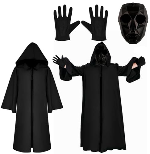 TaimeiMao Halloween Masken Kostüm,Umhang mit Kapuze Schwarzer+Maske+Schwarze Handschuhe+10 Karten,für Halloween, Fasching & Karneval als Kostüm für Herren & Damen