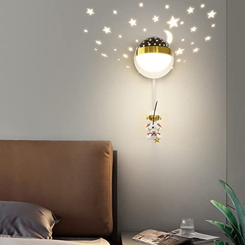 HMASNSEIY LED White Children's Wall Lights for Bedrooms, Modern Indoor Wall Lamps with Spherical Projector Shade Decor Astronaut Wall Sconce Lighting Star Bedside Lamp 3 Color Temperature, 5W *2