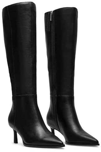 MICIFA Botas altas hasta la rodilla con tacón de gatito borgoña para mujer, botas altas de cuero con cremallera lateral, punta puntiaguda, botas de vestir de otoño, Negro -, 37 EU