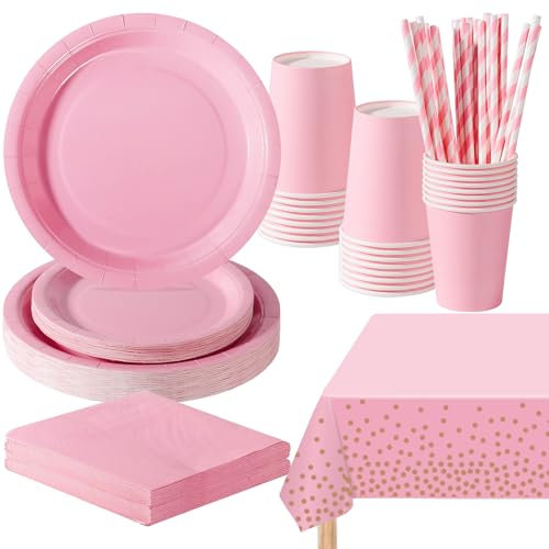 PYAILI Stoviglie per Feste 121 Pezzi Rosa Chiaro Festa della Addobbi Ragazza di Compleanno dei Dambini Articoli per Feste Set Include Piatto Carta Party Tazze Tovaglioli -24 Ospiti