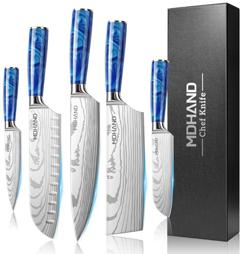 MDHAND Set de Couteaux de Cuisine,Couteaux de Cuisine 5 pièces tranchants en acier inoxydable avec manche ergonomique,Set cadeau parfait pour les cuisiniers professionnels et débutants