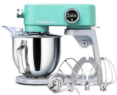 Kraftsman Robot de cocina, amasadora para masa de pan, carcasa de metal, 8 niveles con temporizador, cuenco de 5 L, 4 cabezales de acero inoxidable (Azul)