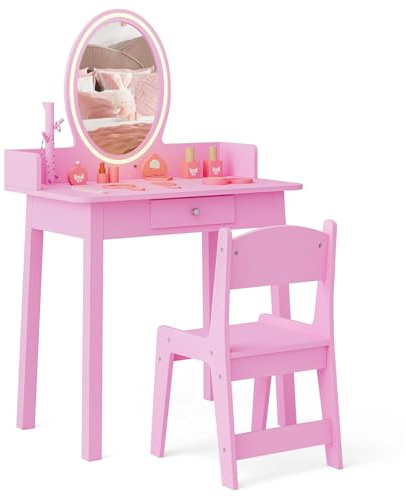 RELAX4LIFE Toeletta Trucco per Bambina con Luci LED, Specchiera Trucco con Sgabello, Toeletta in Legno, Specchio Rimovibile, per Bambini 3+ Anni (Rosa)