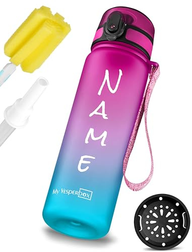My Vesperbox® Personalisierte Trinkflasche Kinder 750ml [INK. STROHHALM & SIEB] - Wasserflasche Kohlensäure Geeignet & Auslaufsicher - Water Bottle Kids - für Schule & Sport - BPA fre
