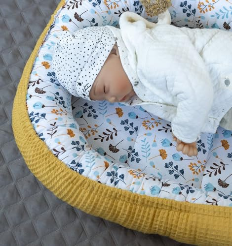 BLAU Türkis BLUMEN/SENFGELB Gelb Waffelpique Bio-Baumwolle Babynest Neugeborene Baby Unterlage Reisebett Nestchen SOLO/o. in PREMIUM Ausstattung SETS (Nestchen SOLO)