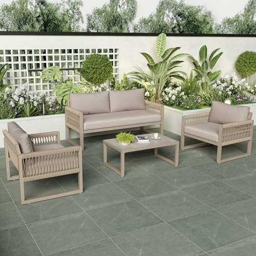 4 Sitz Gartenmöbel-Set aus Seilgeflecht – Lounge-Set mit Zweiersofa, Sesseln & Couchtisch – Verzinkter Eisenrahmen,Sitzkissen, verstellbare Füße, gehärtete Glasplatte – Für Garten & Terrasse, Khaki