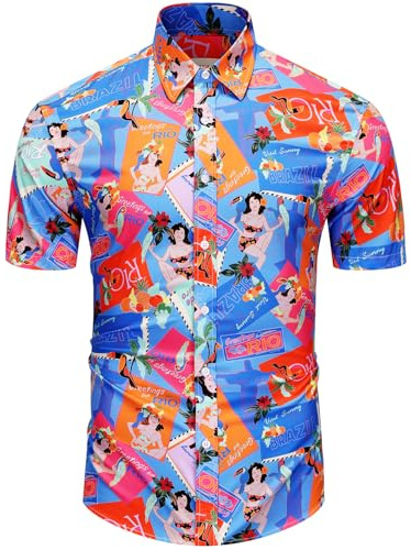 fohemr Mens Funky Hawaiian Shirt Short Sleeve Flower/Pineapple/Bird Print Button Down Beach Shirts