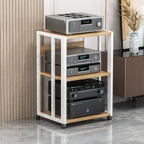 AV Media Stand for CD Player - Adjustable Shelf Audio Rack with Steel Frame & Wooden Board, Stereo Component Storage Cabinet - Perfect for Organizing Audio Equipment