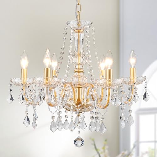 WUZUPS Crystal Candle Chandelier Pendant Flushmount Ceiling Light Modern Lighting Fixture for Bedroom Hallway Bar Kitchen Bathroom, H 68 x W 56, Gold, E14 Base