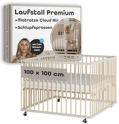 Sämann Laufstall Baby mit Matratze Cloud Air und Schlupfsprossen | TÜV geprüft | stufenlos höhenverstellbar | Laufgitter Premium | Babybett aus Holz | Krabbelgitter (sahara dust/natur, 100x100 cm)