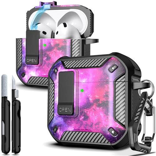 R-fun för AirPods 4 fodral med rengöringssats, kolfiberelement Militärt stötsäkert automatiskt uppklappbart fodral, telefonstativ och magnetisk bas med karbinhake kompatibelt med AirPods 4:e
