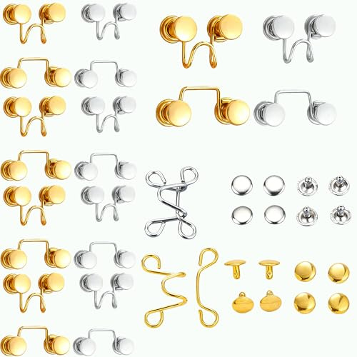 Trouser Fasteners Hook and Bar, Jeans Buttons Metal Replacement DWUENT 10 Pairs Metal Hook and Eye Fasteners with Rivets for Clothing Repair and Waist Adjustment, Gold and Silver, Large & Small Size
