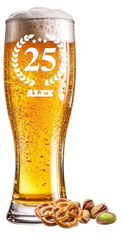 Bicchiere da birra inciso 25° compleanno, 0,5 l, con testo a scelta, nome anno o scritta, per occasioni speciali come compleanno, anniversario, festa del papà o celebrazione, incisione a scelta
