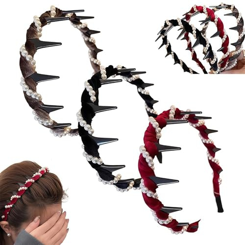 AstraGlam Lot de 3 bandeaux vintage en zigzag pour femmes, serre-tête perlé imitation, bandeau zigzag tressé, accessoire capillaire pour femmes taille unique