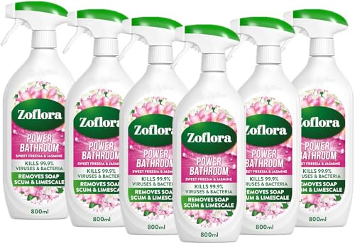 Zoflora Sweet Freesia & Jasmine Power Bathroom Cleaner, Removes Soap Scum, Limescale Remover & Prevention, Antibacterial Multi-Surface Bathroom Spray, Kills 99.9% Of Bacteria & Viruses, 6 X 800 ml