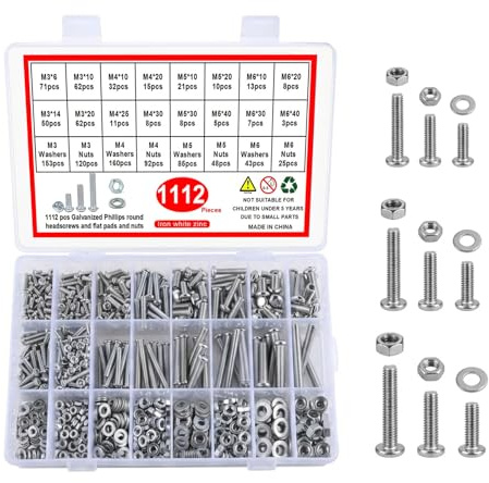Carehabi Assortiment de Vis M3 M4 M5 M6, 1112 Pièces, Écrous et Rondelles | 16 formats de 6 à 40 mm en métal zingué, rangés par compartiment pour bricolage, mobilier, électronique et modélisme