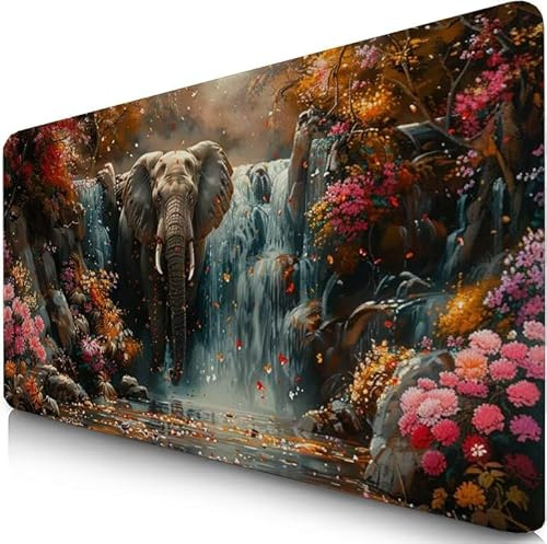 Tapis de Souris XXL 70x40cm Éléphant Tapis de Souris Gaming, sous Main Bureau Gaming Automne Accessoire Bureau Base en Caoutchouc Antidérapant Surface Confort, Mouse Pad pour PC, Cadeau Femme F0-664