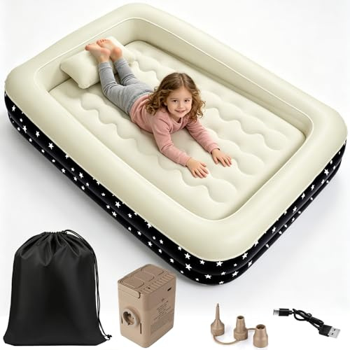 IEEILULU Materasso Gonfiabile per Bambini, Letto Gonfiabile Singolo con Pompa Elettrica, Cuscino Materasso Floccato Autogonfiabile per Campeggio o uso Domestico155x105x32 cm (Nero)