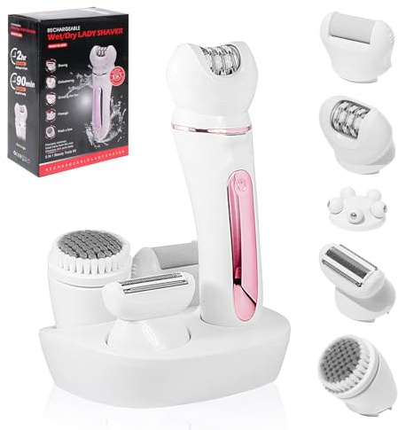 Journeyside Depiladora Eléctrica Mujer 5 en 1 Inalámbrica Wet & Dry para Todo el Cuerpo con Cepillo Exfoliante y Limpiador IPX7 Blanco