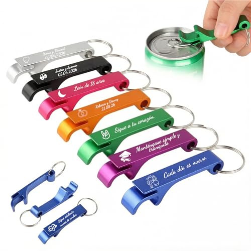 10-100 Llavero abrebotellas personalizable - Grabado láser con nombre, fecha o símbolo, abrebotellas de aluminio multifunción ideal como detalle de boda, regalo de cumpleaños y camping (30)