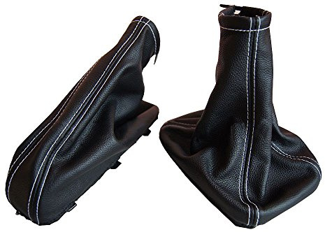 Soufflet de levier de vitesse avec soufflet de frein à main en cuir véritable noir coutures blanches myshopx SH31